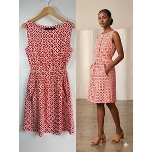 Speed Control NY Red White Geometric Midi Classic preppy Mod Dress Pockets Small